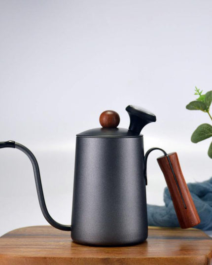 Stainless Steel Long-Mouth Slender Pot With Lid Hanging Ears Wooden Handle Coffee Pot Set Thermometer Drip Filter