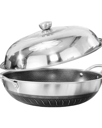 304 Stainless Steel Pot With Two Handles Honeycomb Uncoated Flat Bottom Wok