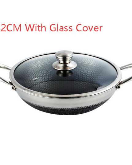 304 Stainless Steel Pot With Two Handles Honeycomb Uncoated Flat Bottom Wok