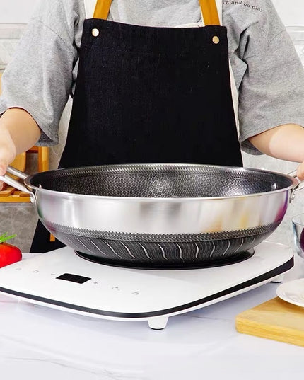 304 Stainless Steel Pot With Two Handles Honeycomb Uncoated Flat Bottom Wok