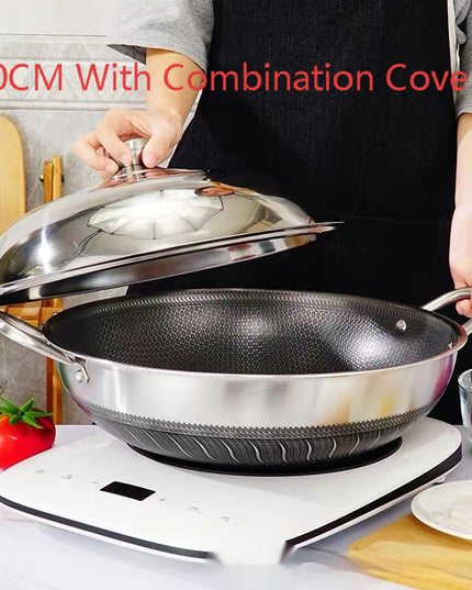 304 Stainless Steel Pot With Two Handles Honeycomb Uncoated Flat Bottom Wok