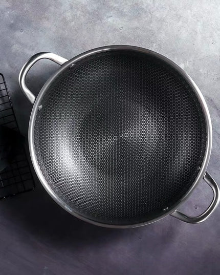 304 Stainless Steel Pot With Two Handles Honeycomb Uncoated Flat Bottom Wok