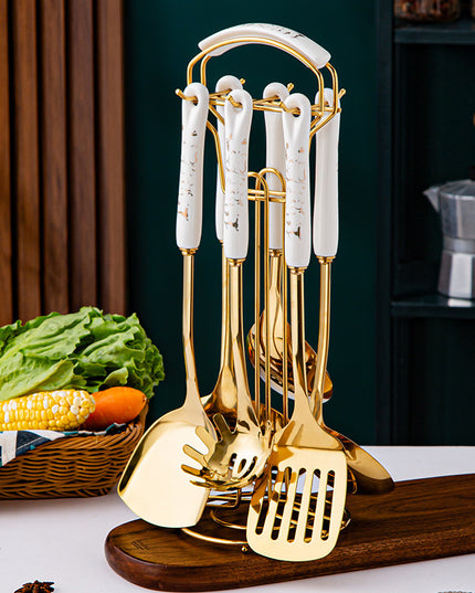 Light Luxury Kitchenware Cooking Seven-piece Ceramic Handle Stainless Steel Kitchen Supplies