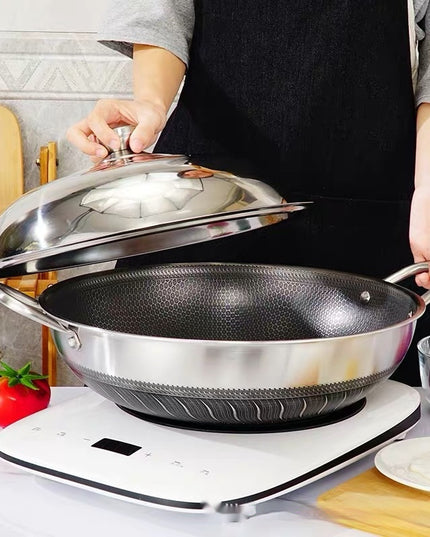 304 Stainless Steel Pot With Two Handles Honeycomb Uncoated Flat Bottom Wok