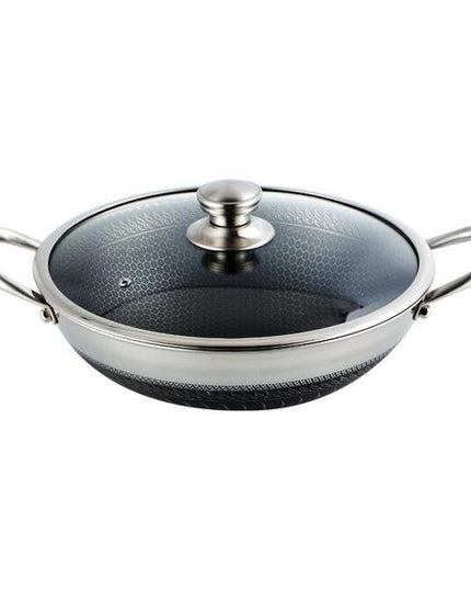 304 Stainless Steel Pot With Two Handles Honeycomb Uncoated Flat Bottom Wok