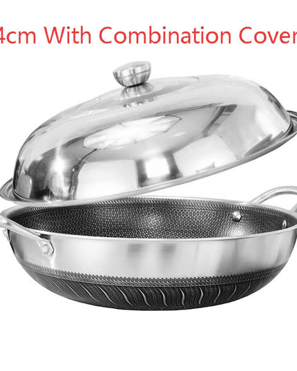 304 Stainless Steel Pot With Two Handles Honeycomb Uncoated Flat Bottom Wok