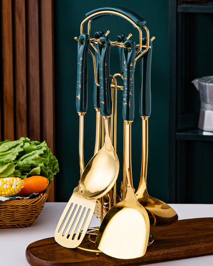 Light Luxury Kitchenware Cooking Seven-piece Ceramic Handle Stainless Steel Kitchen Supplies