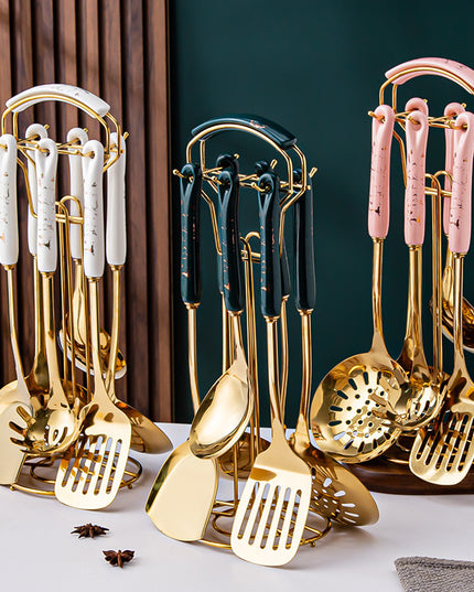 Light Luxury Kitchenware Cooking Seven-piece Ceramic Handle Stainless Steel Kitchen Supplies