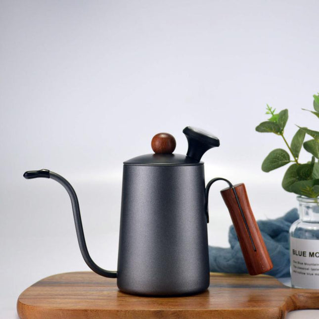 Stainless Steel Long-Mouth Slender Pot With Lid Hanging Ears Wooden Handle Coffee Pot Set Thermometer Drip Filter