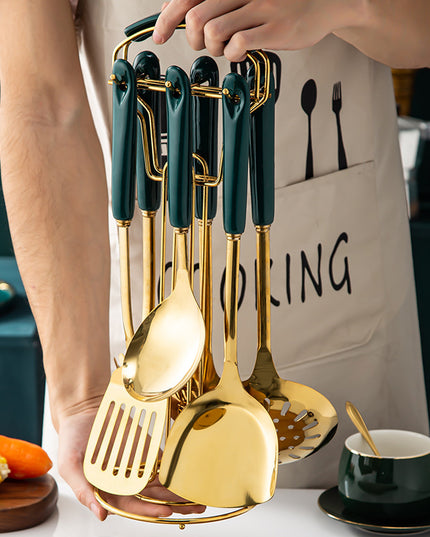Light Luxury Kitchenware Cooking Seven-piece Ceramic Handle Stainless Steel Kitchen Supplies
